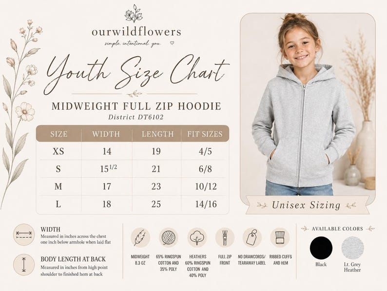 May include: A youth size chart for a midweight full zip hoodie, District DT6102. The chart lists sizes XS to L with width and length measurements in inches. It includes fabric details, available black and light grey heather colors, and unisex sizing.