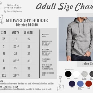 Puede incluir: Tabla de tallas para una sudadera con capucha de peso medio, District DT6100, con medidas en pulgadas. La tabla incluye tallas XS a 2XL, medidas de ancho y largo, y colores disponibles: negro, blanco, gris claro jaspeado, gris oscuro jaspeado, azul marino, azul real jaspeado y rojo.
