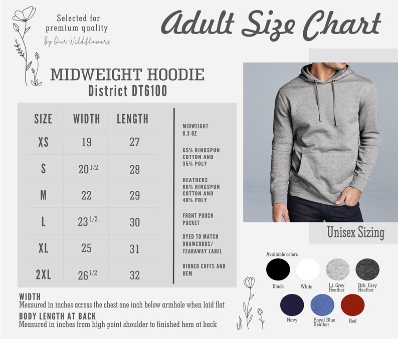 Puede incluir: Tabla de tallas para una sudadera con capucha de peso medio, District DT6100, con medidas en pulgadas. La tabla incluye tallas XS a 2XL, medidas de ancho y largo, y colores disponibles: negro, blanco, gris claro jaspeado, gris oscuro jaspeado, azul marino, azul real jaspeado y rojo.