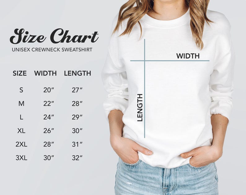 K&ouml;nnte beinhalten: Ein wei&szlig;es Unisex-Crewneck-Sweatshirt mit einer Gr&ouml;&szlig;entabelle. Die Tabelle listet die Gr&ouml;&szlig;en S bis 3XL mit den entsprechenden Breiten- und L&auml;ngenma&szlig;en in Zoll auf. Das Model tr&auml;gt das Sweatshirt und eine blaue Jeans.