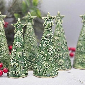 Handmade Ceramic Trees Stoneware Pottery  Holiday Decor Christmas Decor Farmhouse Decor Green White Trees Birds Hearts Flowers Gift