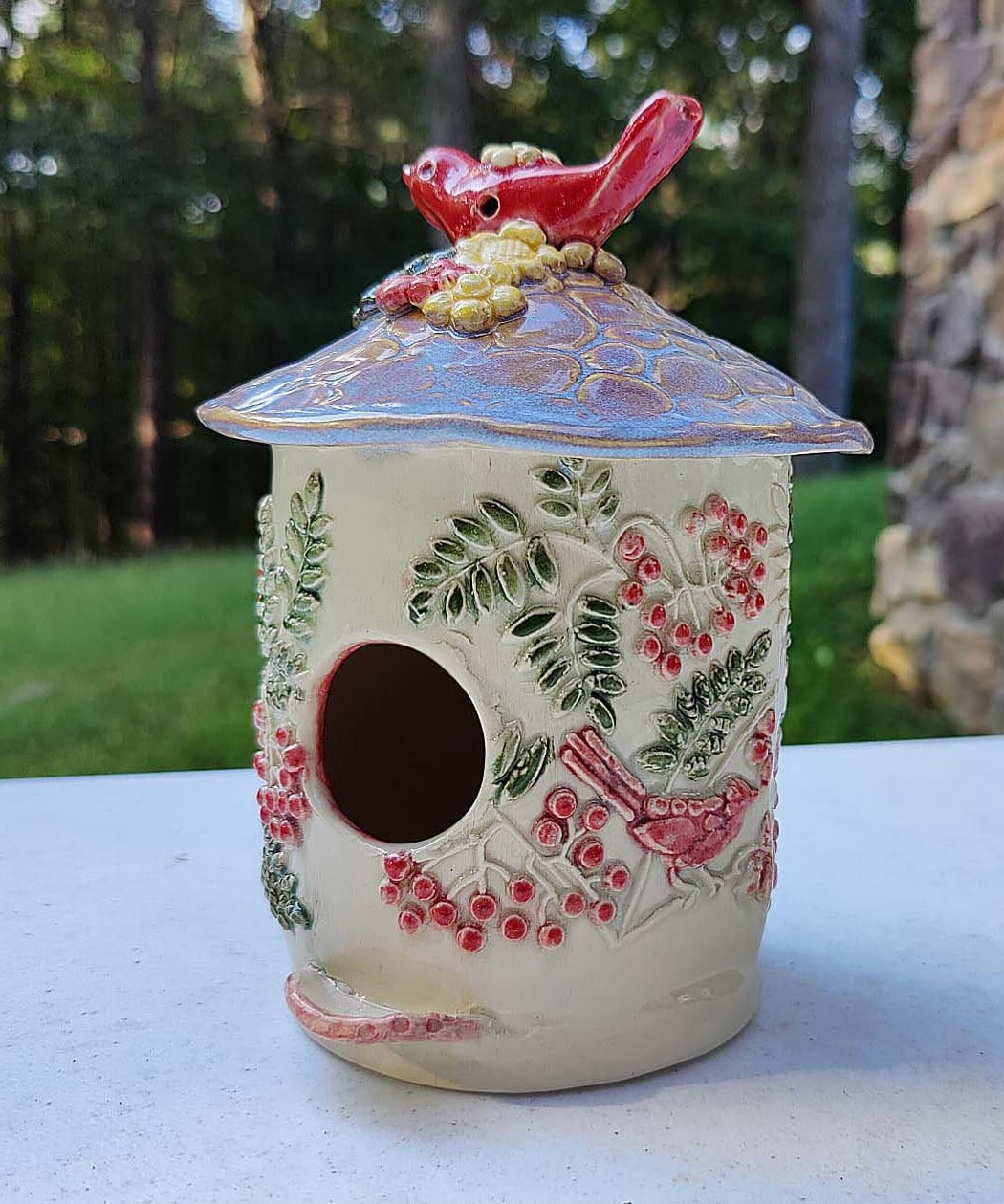 Birdhouse Handmade Red Bird Flowers Ceramic Birdhouse Pottery