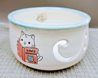 Handmade Yarn Bowl Ceramic Kitty Cat Crochet Bowl White Pottery Wheel Thrown Yarn Bowl Knitting Cats Farmhouse Decor Cat Lover's Gift Gift