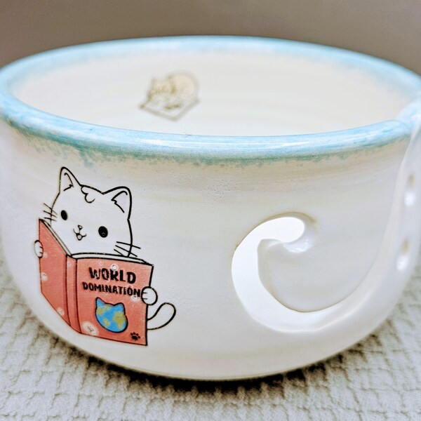 Handmade Yarn Bowl Ceramic Kitty Cat Crochet Bowl White Pottery Wheel Thrown Yarn Bowl Knitting Cats Farmhouse Decor Cat Lover's Gift Gift