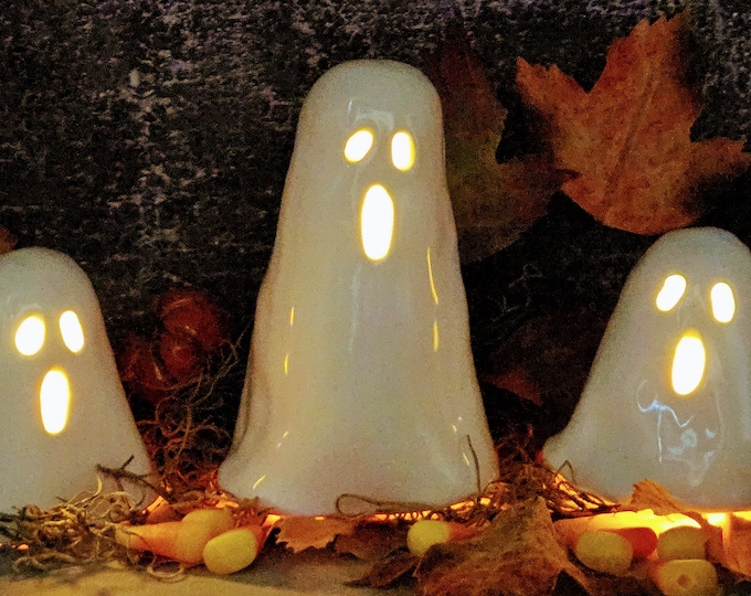 Handmade Tealight Ghosts Set of Three  Handmade Ceramic Halloween Decor Spooky Luminaries