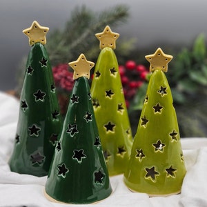 Handmade Luminary Tealight Stoneware Pottery Trees Green Rustic Trees Yellow Star Christmas Decor Holiday Farmhouse Decor Teacher Gift