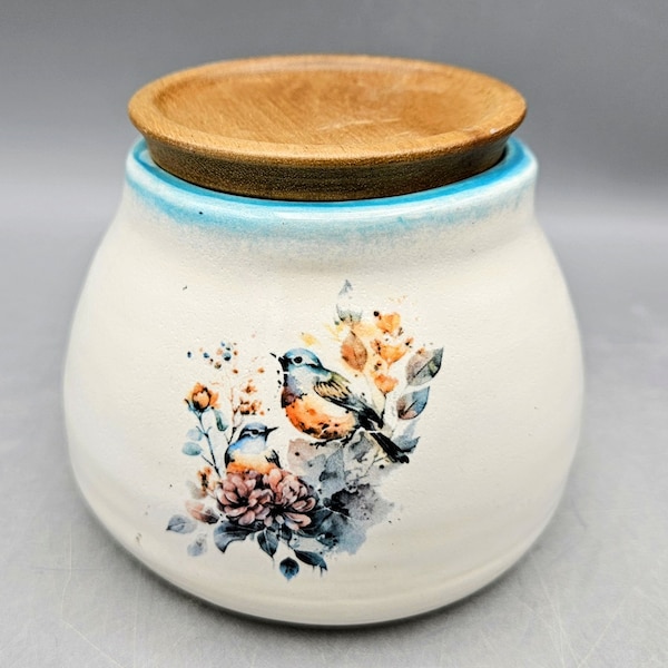 Handmade Pottery Lidded Jar for Trinkets, Fish Food, Spice, Jewelery, Cottonballs, Pencil Jar, Drink Mug, All Purpose Jar, Blue Bird Ceramic