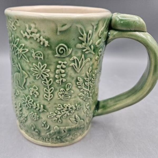 Handmade Pottery Mug Spring Bunny, Murshrooms, Snails and Flowers Jade Green Handbuilt Mug, Appalachian Pottery, Mother's Day Gift Cabincore