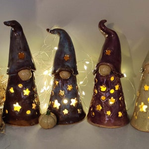 Handmade Pottery Tealight Luminary Gnomes Stoneware Ceramic  Rustic Earth tones Gnomes Thanksgiving Holiday Decor Teacher Secret Santa Gift