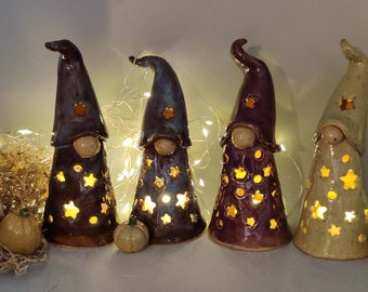 Handmade Pottery Tealight Luminary Gnomes Stoneware Ceramic  Rustic Earth tones Gnomes Thanksgiving Holiday Decor Teacher Secret Santa Gift