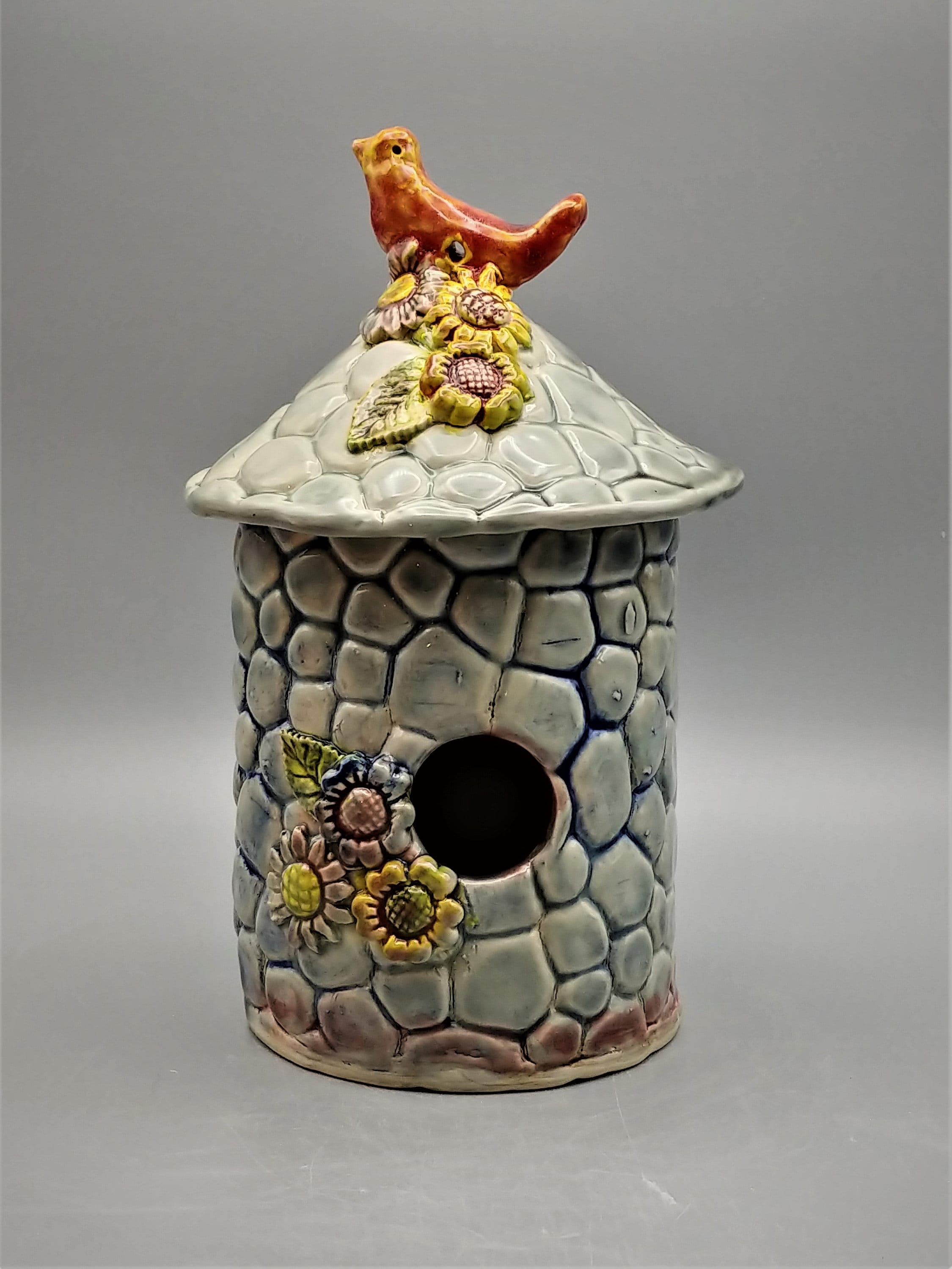 Handmade Pottery Ceramic Birdhouse Birds and Flowers Yard Etsy