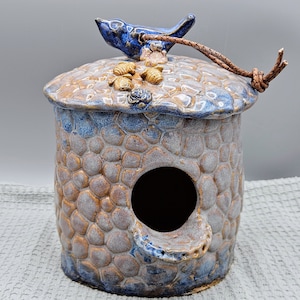 Handmade Birdhouse, Hand Sculpted Stoneware  Rustic Birdhouse Blue Bees Flowers Birdhouse Farmhouse Yard Patio Decor Appalachian Pottery