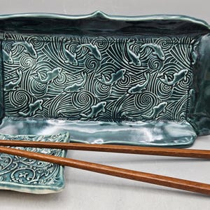 Handmade Pottery Sushi Tray: Blue Green Glaze, Poi Fish Pattern