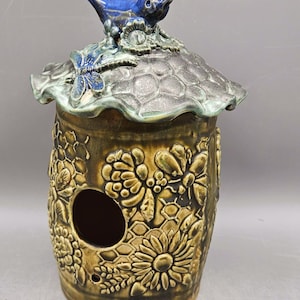 Handmade Pottery Birdhouse, Rustic Green Blue Bird