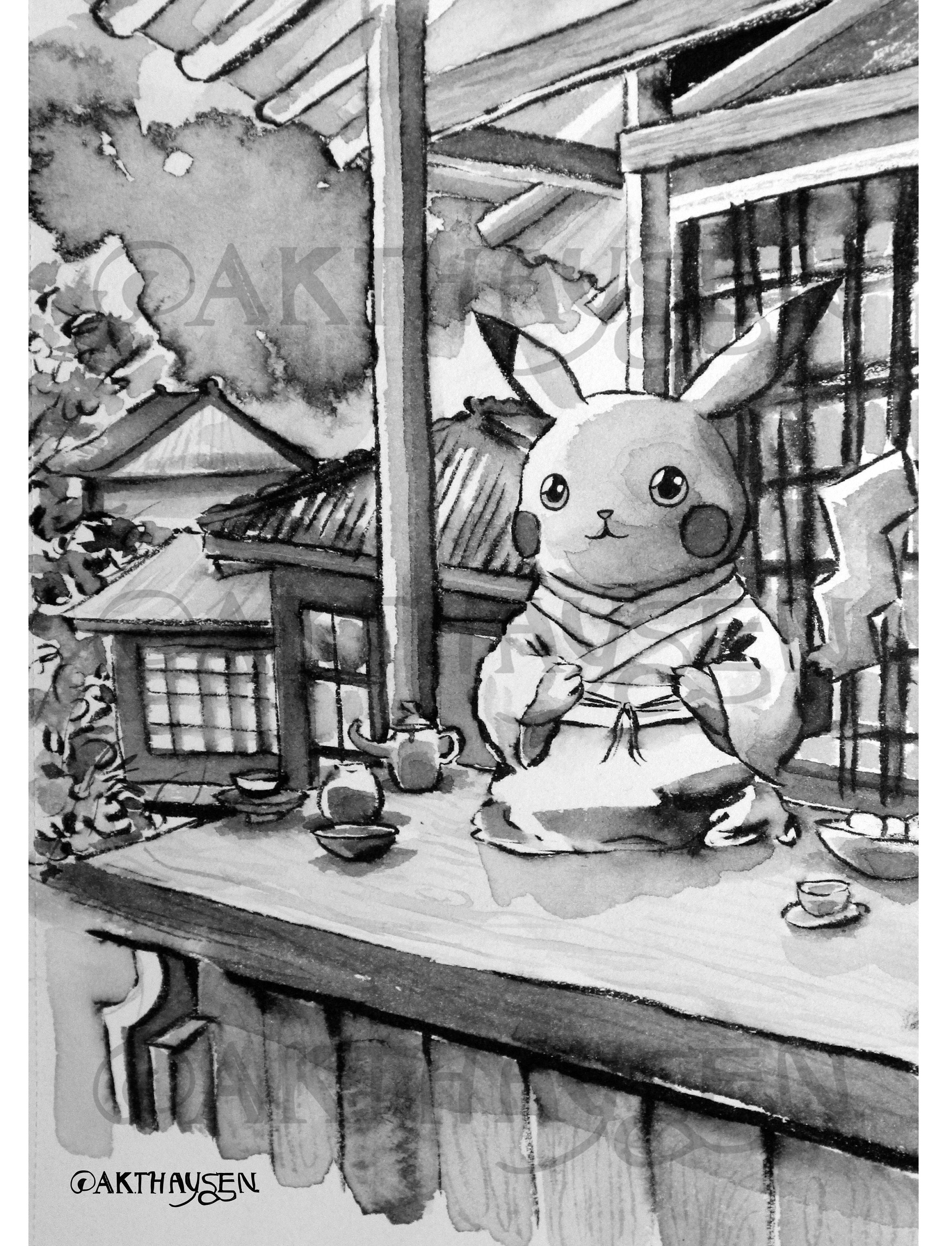 A5 Print of Ink Drawing of Pikachu as a Korean Monk - Etsy