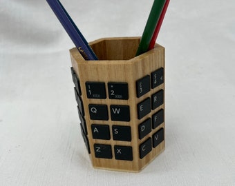 Wooden desk pen/pencil pot covered with recycled laptop keys & clear varnish.