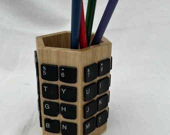 Wooden desk pen/pencil pot covered with recycled laptop keys & clear varnish.