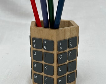 Wooden desk pen/pencil pot covered with recycled laptop keys & clear varnish.