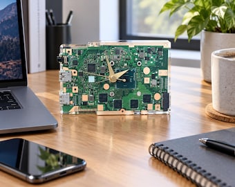 Könnte beinhalten: Eine rechteckige Tischuhr aus einer grünen Computer-Leiterplatte, die in transparentes Acryl eingegossen ist. Die Uhr verfügt über goldfarbene Stunden-, Minuten- und Sekundenzeiger, die auf der Hauptplatine mit Bauteilen montiert sind.