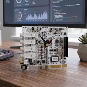 Recycled computer sound card desk clock. Unique computer geek gift.