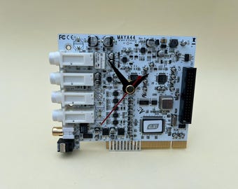 Recycled computer sound card desk clock. Unique computer geek gift.