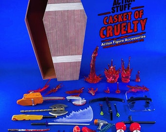 1:12 Super Action Stuff Casket of Cruelty 6” Scale Figure Accessories Blood Weapons set Coffin Riot Shield Chainsaw Machete Guts horror