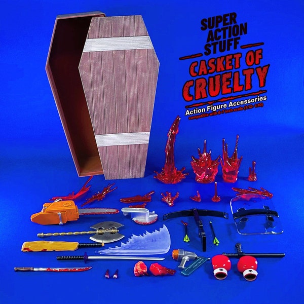 1:12 Super Action Stuff Casket of Cruelty 15 cm schaal Figuuraccessoires Bloedwapenset Doodskist Riot Shield Chainsaw Machete Guts horror