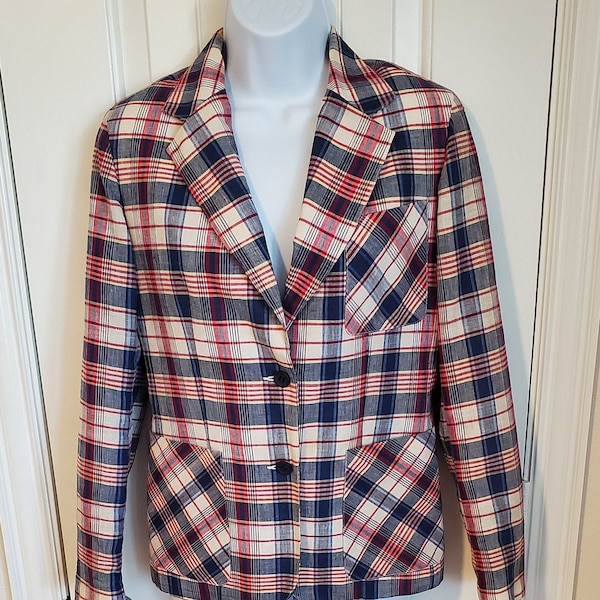 Vintage Spiegel Women's Blazer Red White and Blue Plaid Size 5/6 Small Patriotic 1970s