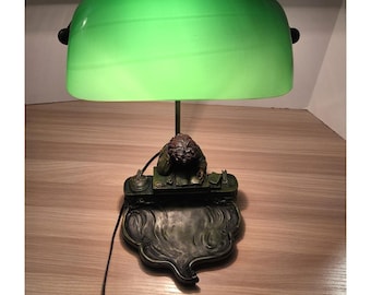 Widdop & Bingham Desk Bankers Lamp  Boy Figure Reading Green Glass Shade