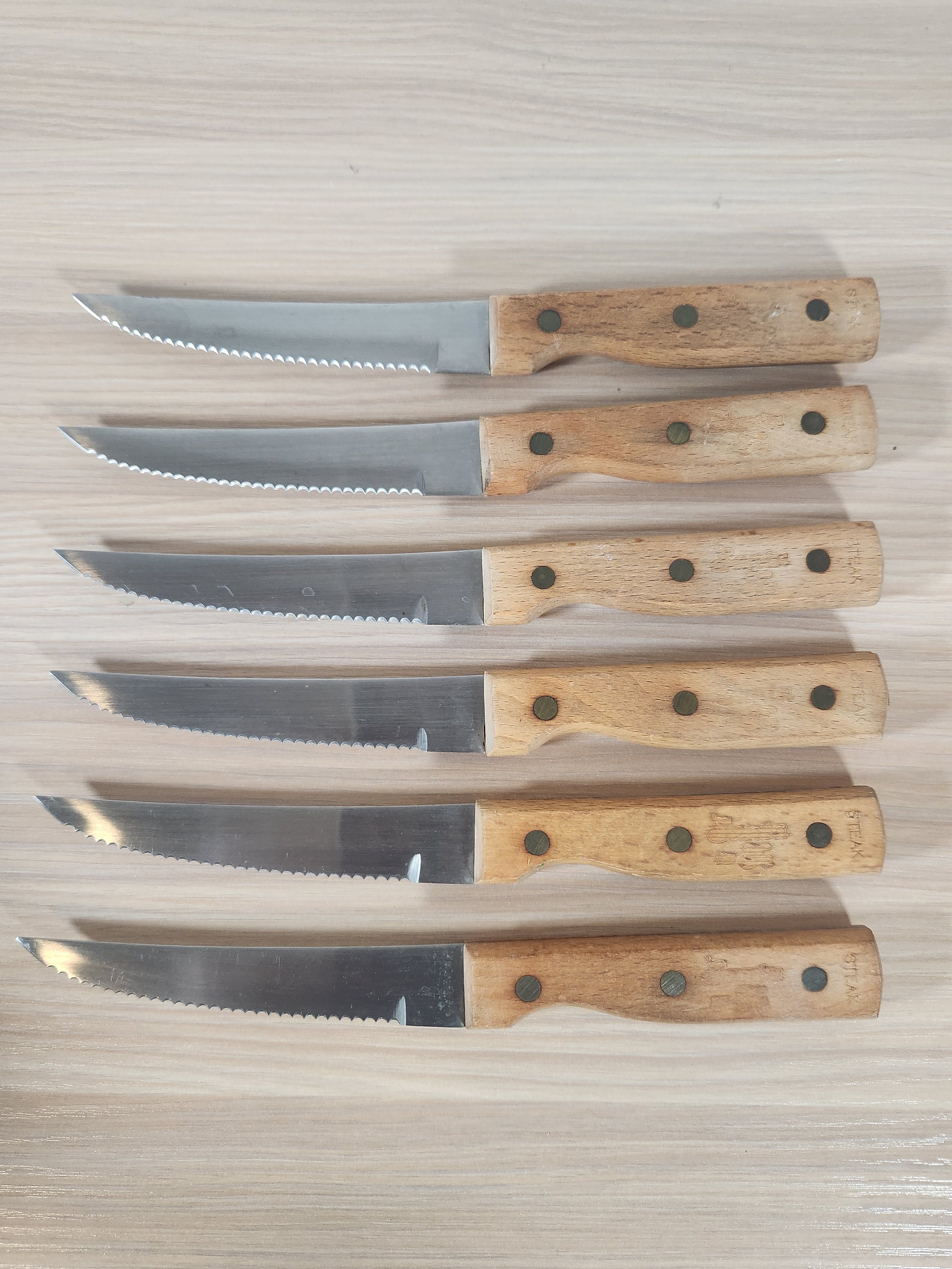 Vintage Japanese Steak Knife Set of 8 Mismatched Wooden Handles Cutlery  Carving Knives BBQ Cookout Parrilla Kitchen Cutlery Panchosporch 