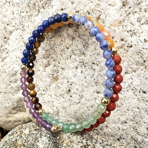 May include: A multi-colored beaded bracelet with gold accents. The bracelet features a variety of gemstones, including blue, green, red, purple, and brown.