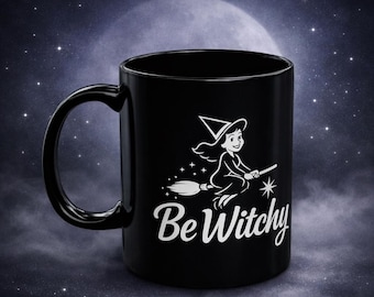 Be Witchy witch on broom Mug | Black coffee mug