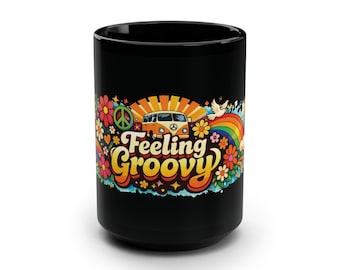 Feeling Groovy 15oz Black Mug Retro Psychedelic Peace Flower Power Design
