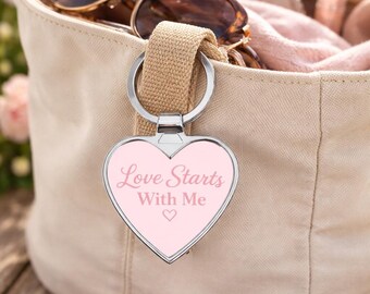 Love Starts With Me Heart Keychain - Pink Romantic Keyring