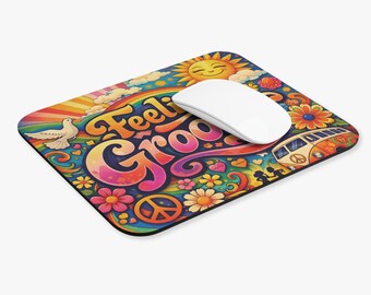 Feeling Groovy Mouse Pad  Retro 60s Hippie Desk Mat with Peace Van, Flowers & Rainbow