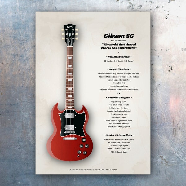 Gibson SG Guitar Fine Art Print A4 / A3 | Gift for Guitarist or Musician | Electric Guitars Collection Illustrated Art | Best Selling Prints