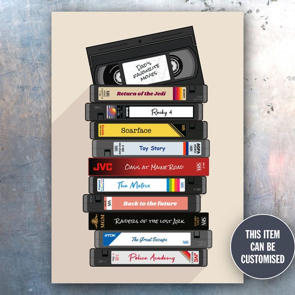 Personalised 80s VHS Video Tapes Fine Art Print A4 / A3 | Customisable Favourite Movie / Film Poster | Hipster Art | Gift For Film Lover