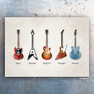 Gibson Classic Rock Guitars Fine Art Print A4 / A3 Landscape | Gift for Guitarist or Musician | Electric Guitars Collection Illustrated Art