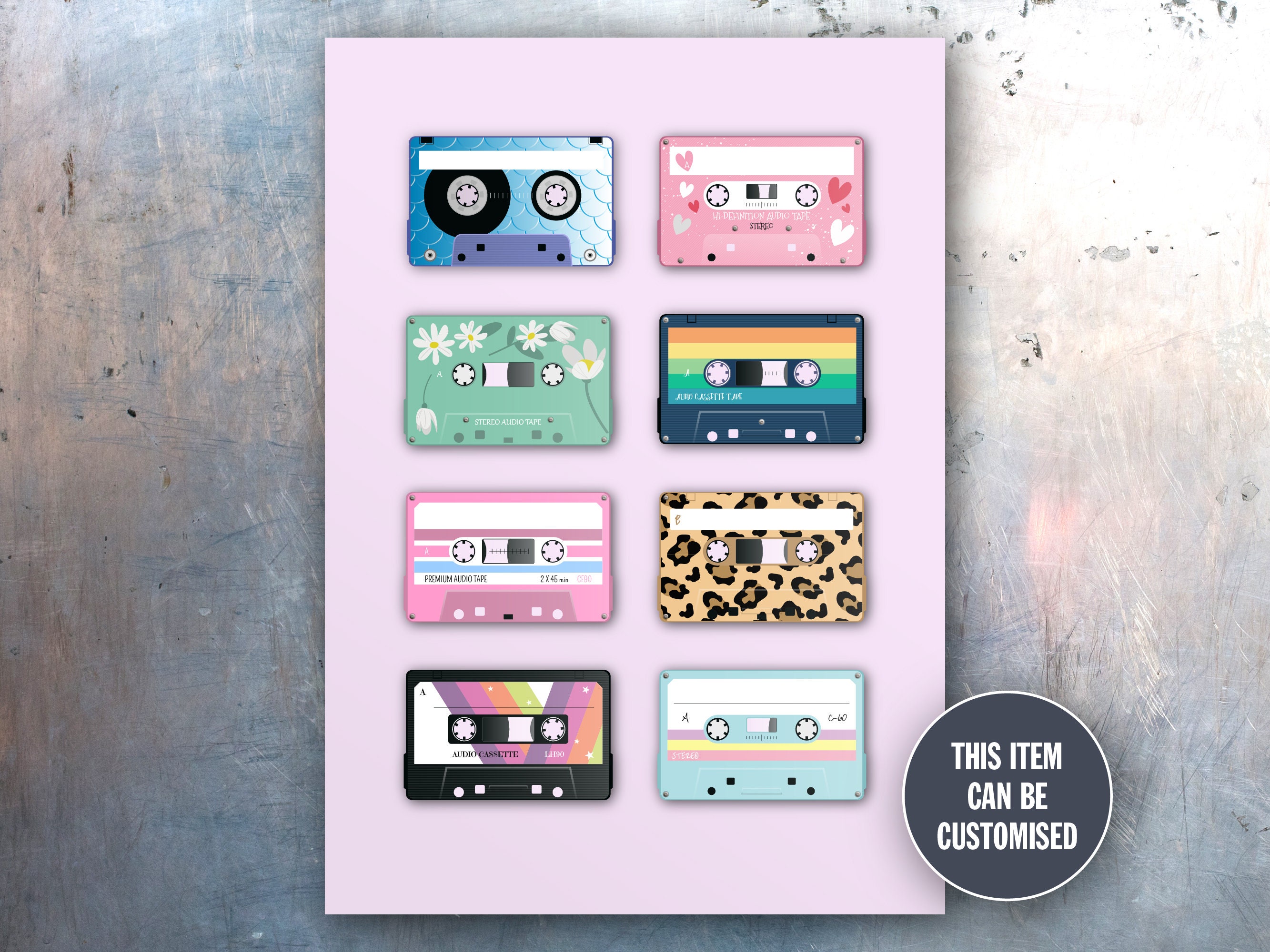 Personalised Custom Cute Audio Cassette Tapes Art Print A4 / A3 Portrait 80s 90s Themed