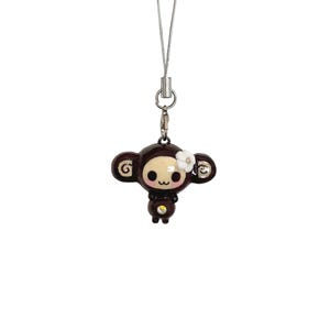 May include: A dark brown monkey charm with a glossy finish, featuring a cream-colored face, pink cheeks, and a small white flower accent. The monkey has a small iridescent gem on its belly and is attached to a silver-toned cord with a metal clasp.