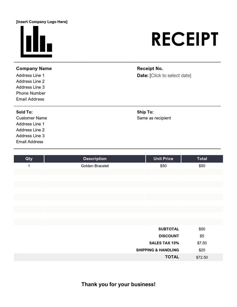 Printable Receipt Template Invoice Template Word Instant | Etsy