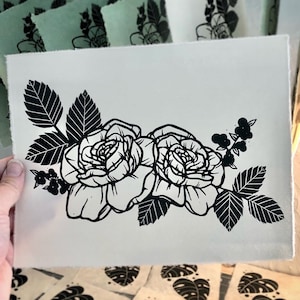 Floral Art Print || Rose Linocut Print, Blockprint Wall Art, Floral Wall Decor, 7x9 Black and White Art Print