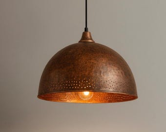 Handmade Hammered Copper Dome Pendant Light – Rustic Patina Ceiling Lamp
