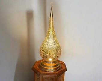 Handmade Moroccan Brass Table Lamp: Teardrop Pierced Light