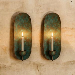 Juego de 2 candelabros de pared de cobre verde, lámpara de pared de pátina rústica