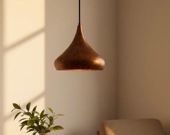 Vintage Aged Copper Pendant Light – Handmade Teardrop Lamp – Modern Rustic Lighting for Kitchen Island