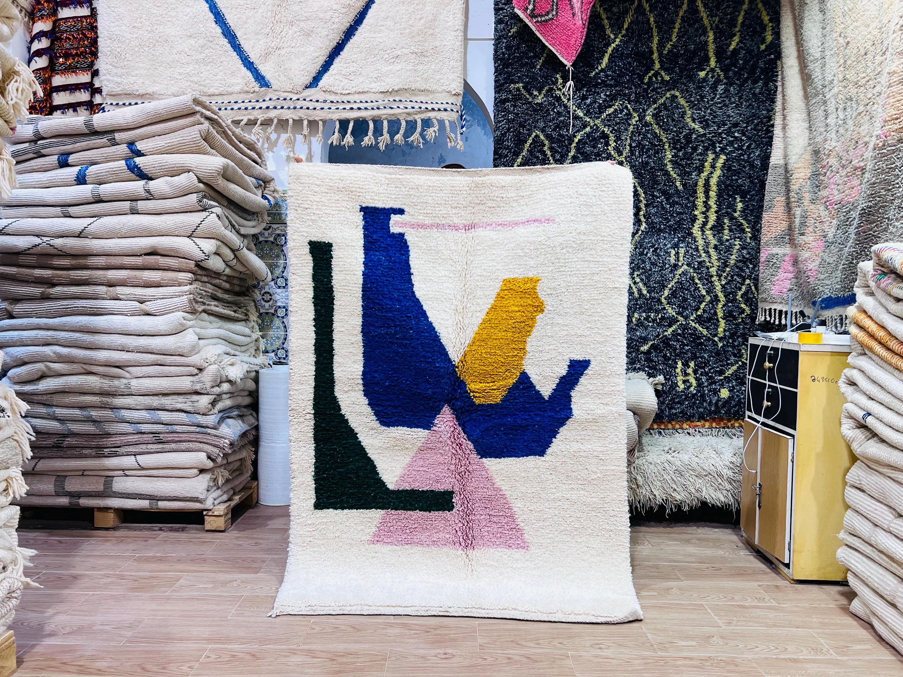 Hand Knotted Beni Ourain Rug: Abstract Colorful Moroccan Wool Rug
