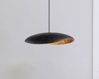 Black Hammered Brass Pendant Light, Golden Interior