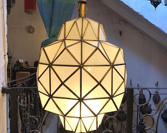 Handcrafted Moroccan Glass Pendant Light: Brass Fixture