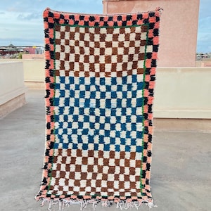 Hand Knotted Wool Moroccan Rug: Checkered Beni Ourain, 6.6x3.6 ft